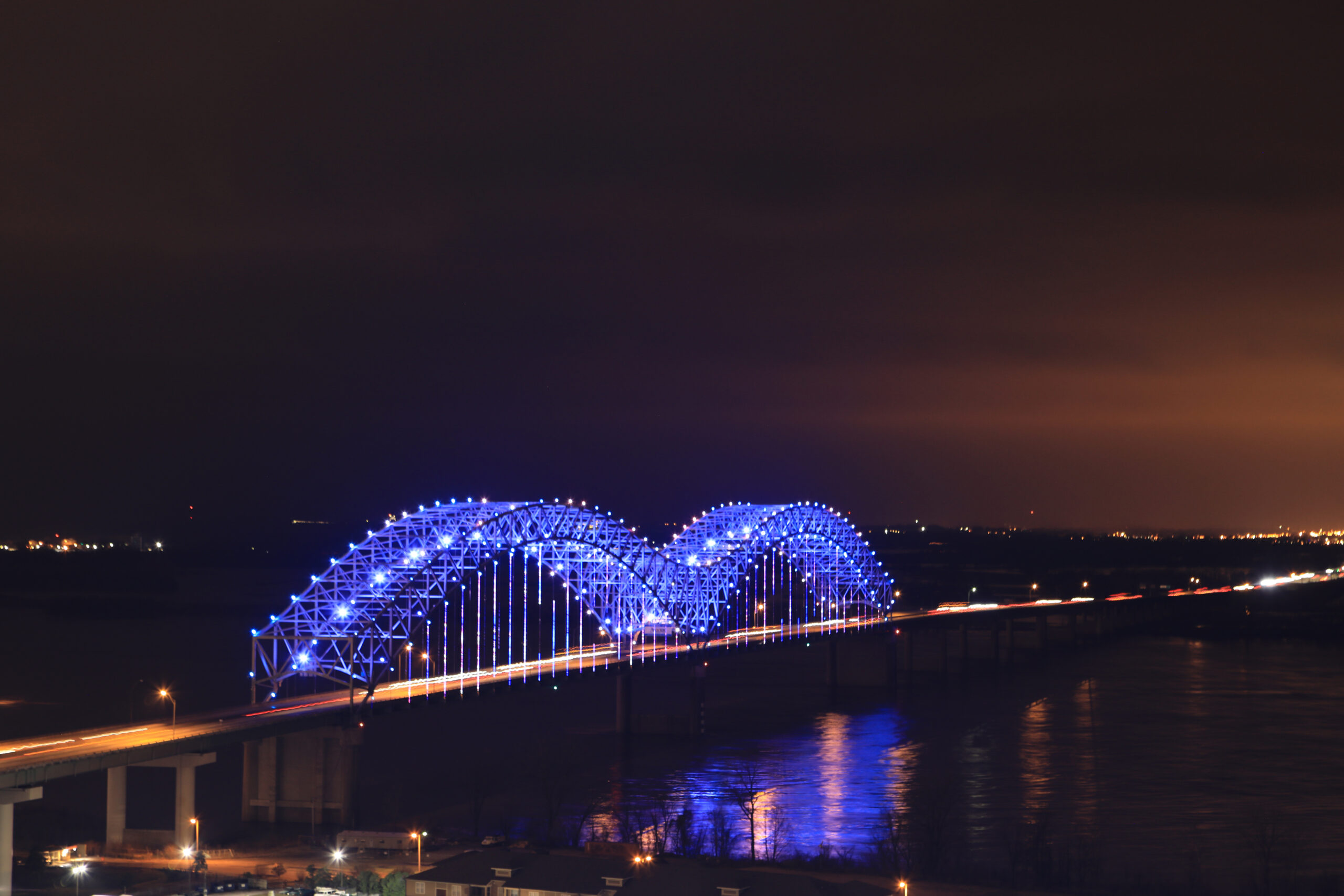 A Memphis, Tennessee bridge at night